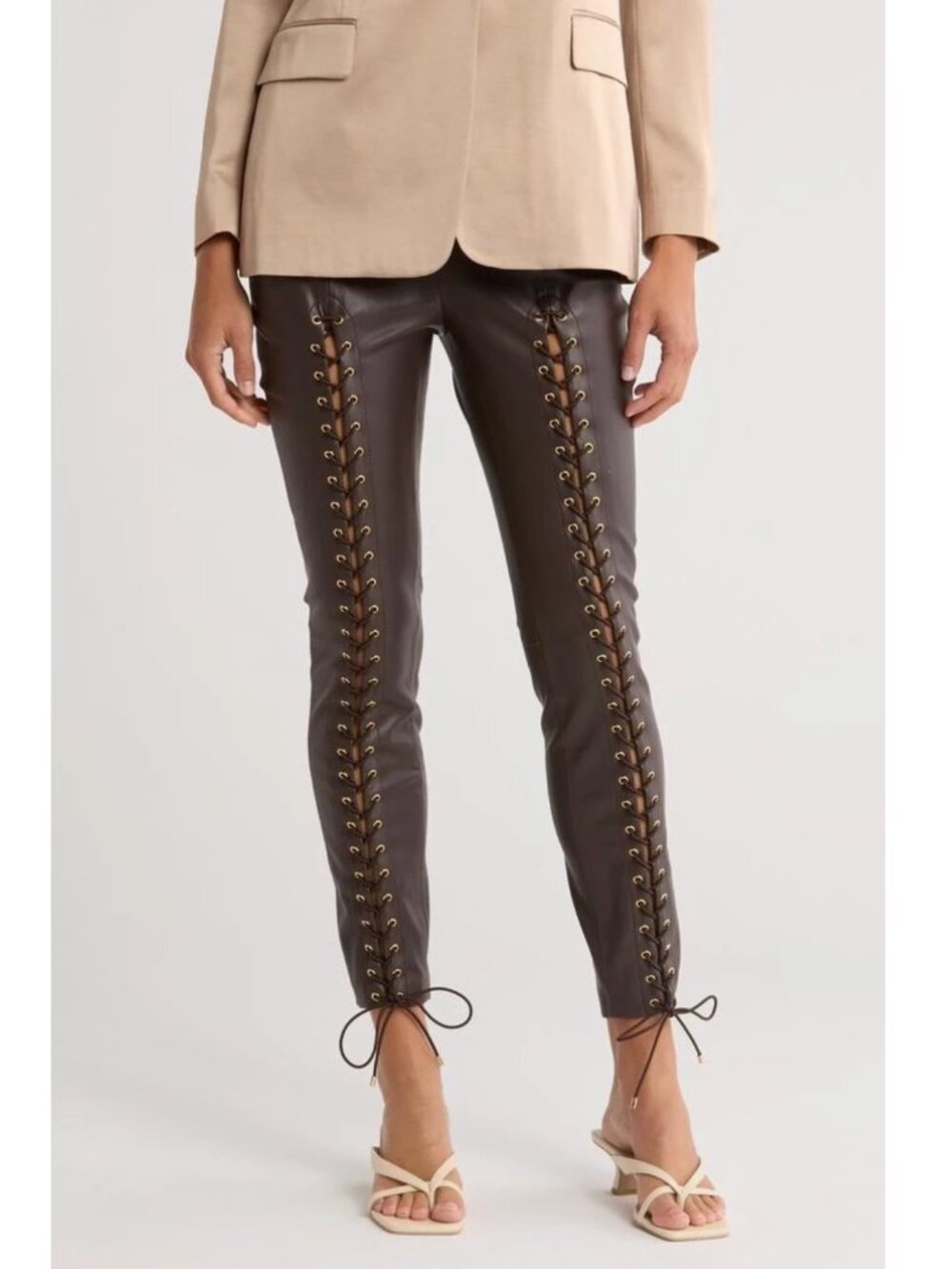 Autumn Adeigbo Lace up Front Faux Leather Leggings in Brown, size 0